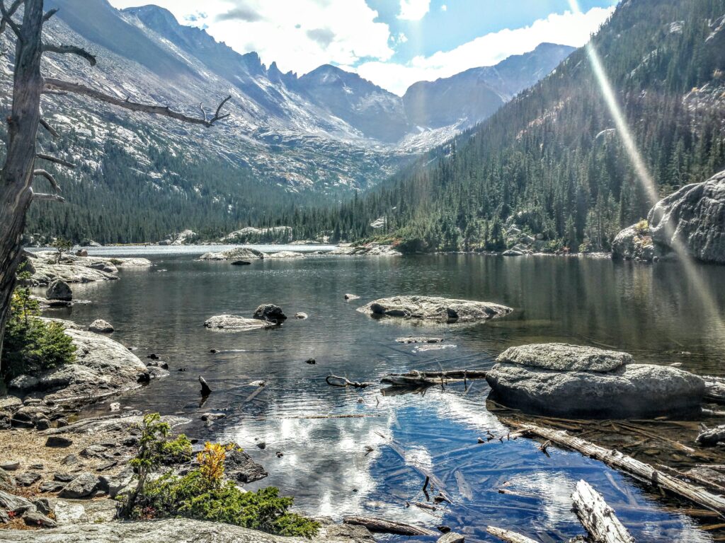 Mills Lake surrounded by fall colors and mountains in Rocky Mountain National Park, Colorado