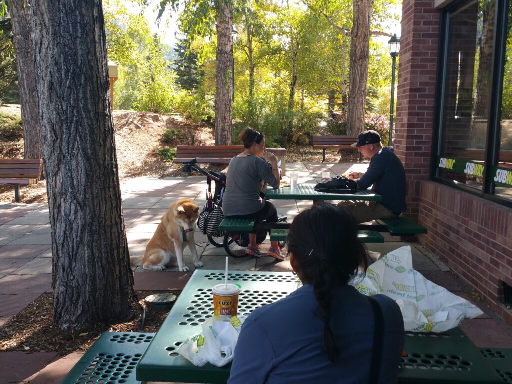 1. Lunch at the Estes Park Riverwalk after hiking to Mills Lake
