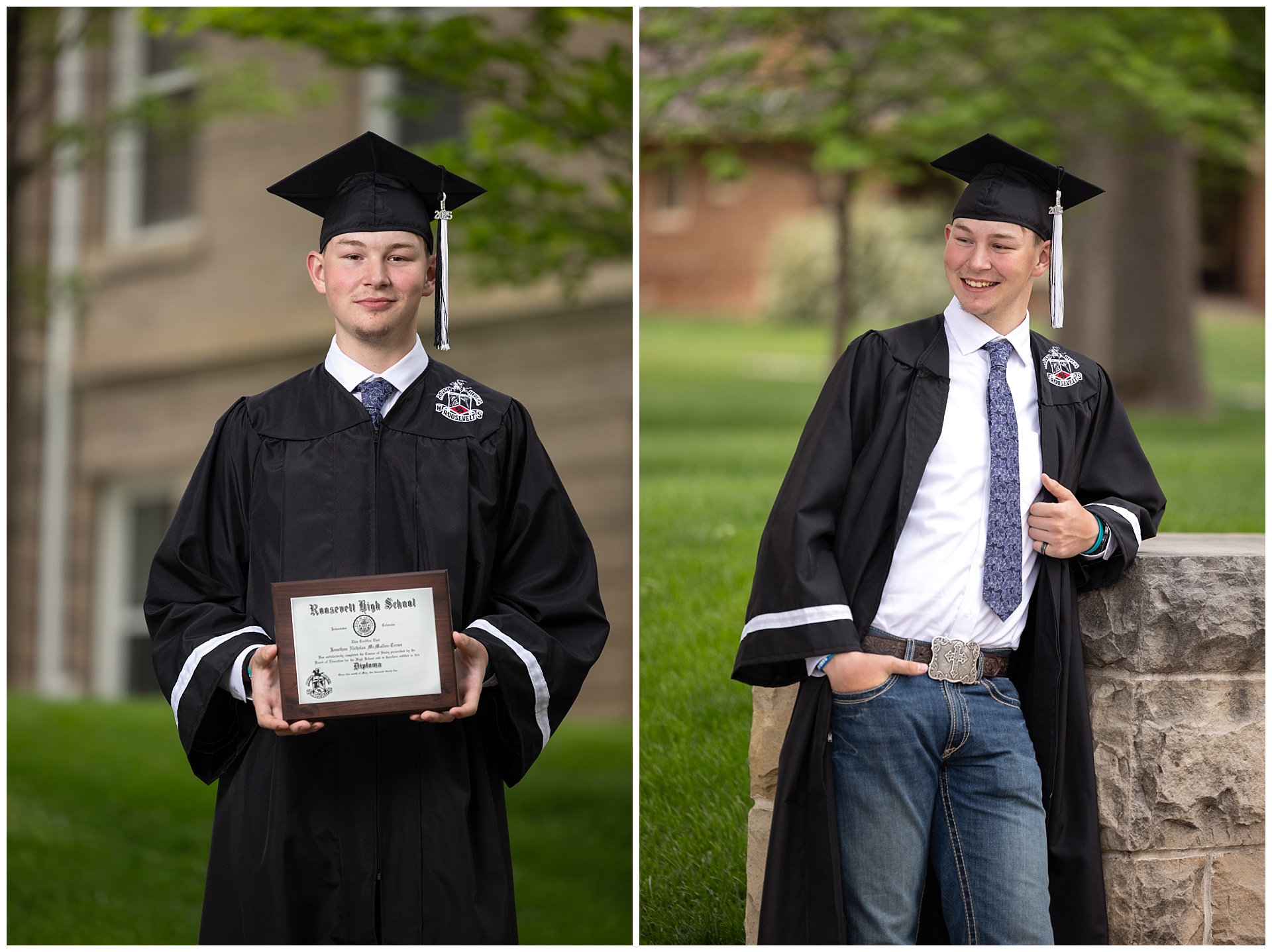 A high school senior boy is posing for his cap & gown pictures. He's wearing his cap & gown in both pictures. The one on the left, he's holding a diploma, and the one on the right he's leaning against a rock wall and smiling off to the side.