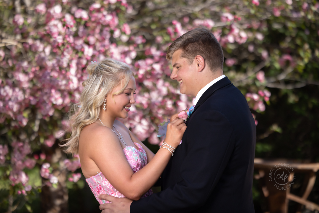 A cute couple are having a quick photo shoot before prom. There is a tree behind them with pretty prink flowers, which goes great with the girls pink dress and blonde hair. The couple are standing facing each other, and she is putting his boutonniere on his lapel.