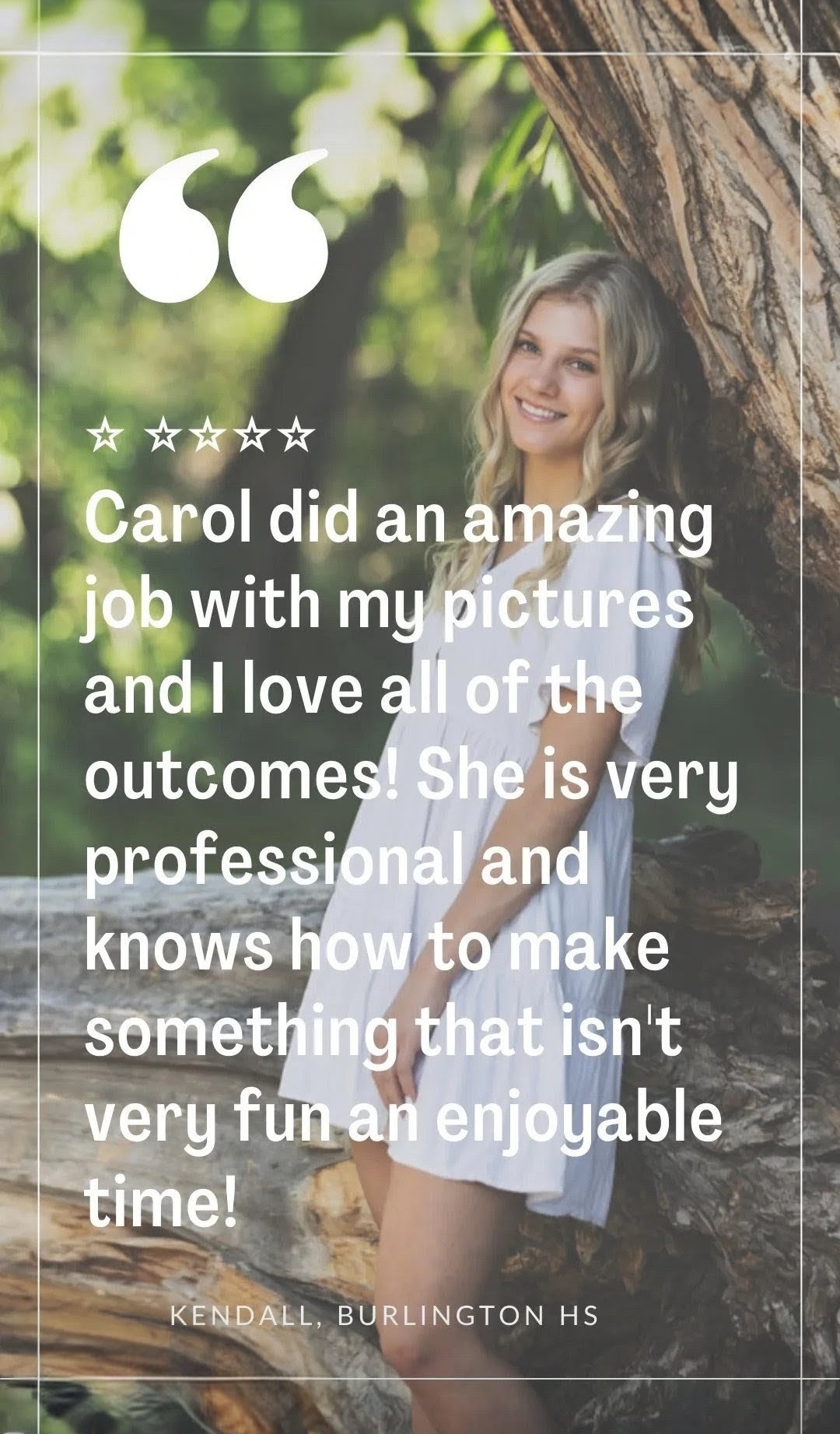 A testimonial of Carol Dunnigan Photography's work from a senior session with an image under the text of a girl posing against a tree wearing a red dress in Fort Collins.