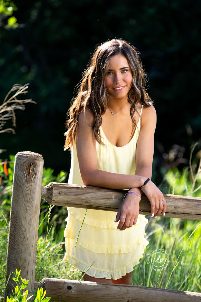 Jaymie posing in a yellow dress during her senior pictures at Rivers Edge Natural Area in Loveland