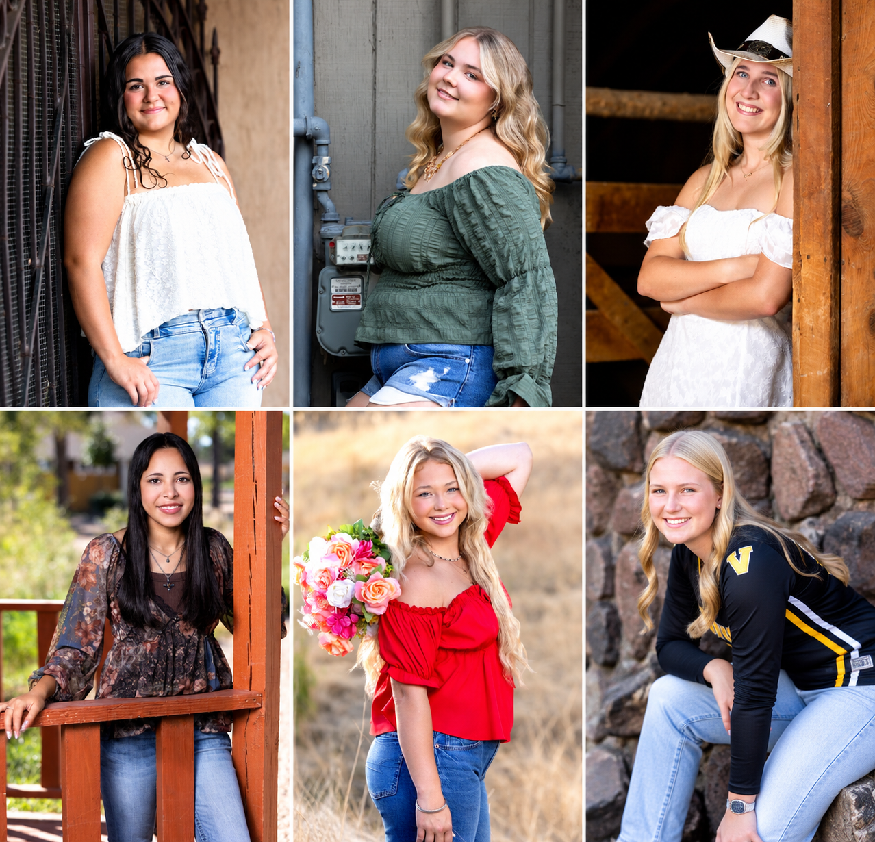 Six Northern Colorado seniors in their chosen yearbook portraits from senior photography sessions in Fort Collins, Loveland, Greeley, and Lyons.