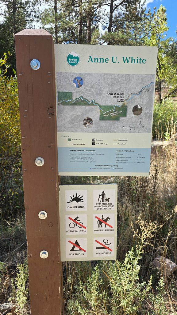 Anne U. White Trailhead sign with trail map and hiking regulations